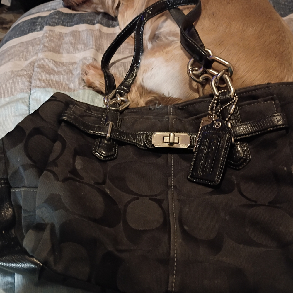 Coach Black Signature Shoulder Tote with Leather Trim